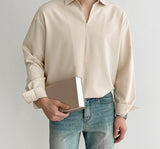Foesce Solid Color Men Shirt Turn Down Collar Long Sleeve Korean Casual Men Clothing Loose Streetwear Leisure Camisa S-3XL