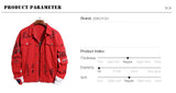 Men's Patchwork Letters Printed Red Denim Jacket Loose Rose Painyed Turn Down Collar Jean Coat Outerwear
