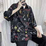 Foesce Ruffian-handsome-printed-shirt-men's-short-sleeve-summer-5-/-6-sleeve-Korean-fashion-handsome-loose-shirt-casual shirt harajuku
