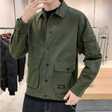 Foesce Large Size Jackets Men Basic Soft Letter Pockets Autumn Wind Breaker Turn-down Collar Teenagers S-4XL Cargo Outwear Hombre Chic