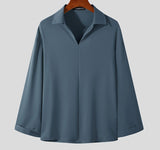 Foesce Solid Color Men Shirt Turn Down Collar Long Sleeve Korean Casual Men Clothing Loose Streetwear Leisure Camisa S-3XL