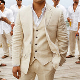 Linen Summer Men Suits for Wedding Groom Tuxedos 3 Piece Casual Beach Custom Set Jacket Vest with Pants American Fashion