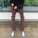 Back Ankle Zipper Spliced Straight Flare Pants Mens High Street Washed Retro Loose Casual Jeans Hip Hop Denim Trousers