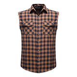 Men's Casual Flannel Plaid Shirt Sleeveless Double Pocket Cowboy Button Down Shirts Men Cotton Plus Size Vest Checkered Top 2XL