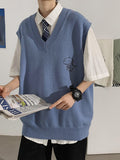 Foesce 3 Men Printed Sweater Vests Loose Knitted Students Unisex Couple Daily All-match Fashion Leisure Males Jumpers Outwear Soft Chic