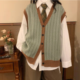 Argyle Sweater Vest Women Loose Sleeveless Outerwear Single Breasted V-neck Vintage Soft High Quality Korean Style Teens Leisure