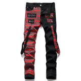 Men's Punk Ribbons Plaid Patchwork Jeans Streetwear Stretched Straight fit Denim Pants for Male