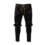 Men's Skinny ripped jeans men Pants Pencil Biker Side Striped Jeans Destroyed Hole Hip Hop Slim Fit Man Stretchy Jean Print
