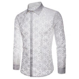 Men Sexy Long Sleeve Solid Color Lace See Through Clubwear Button Down Shirt soft and skin-friendly shirt