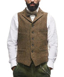 Mens Vest Classic Brown Suit  Wool Tweed Notch Lapel Waistcoat Herringbone Groomsmen Winter Coat For Wedding