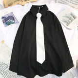 Foesce Men's White Shirts with Tie Set Preppy Uniform DK Loose Long Sleeve Shirt Couple Loose Basic Short Shirts Asian Size