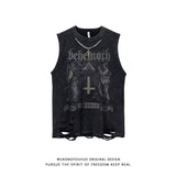 Foesce 5 Designs Men's Vest Gothic Style Crop Top Punk Heavy Metal Cropped Casual Harajuku Demon Black Vintage Washed Summer Streetwear