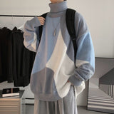 Foesce Fashion Turtleneck Knitted Spliced All-match Asymmetrical Sweater Men Clothing  Autumn New Casual Pullovers Loose Warm Tops