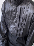 Foesce Chinese Pleated Stand Collar Jacquard Satin Trend Men's Shirt Long Sleeved Fashionable Autumn Male Tops Solid Color
