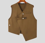 Foesce Men Vests Solid Color V Neck Button Sleeveless Irregular Waistcoats Men Streetwear Fashion Casual Crop Vests S-5XL