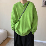 Winter New Solid Color Round Neck Pullover Green Sweater Men Korean Clothes Loose Casual Button Knitted Sweater Bottoming Shirt