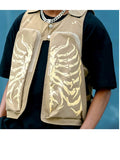 Skeleton Graphic Print Vest Jacket Men's Hihg Street Dark Style Streetwear Autumn Pocket Patchwork Techwear Male Waistcoat