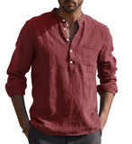 Foesce Men's Casual Cotton Linen Shirts Solid White V Neck Men Long Sleeve Shirt Button Pocket Tops Blouse Pullovers Camisas De Hombre