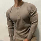 Foesce New Sports Leisure Solid Fitness Tshirts Heavy American Retro T-shirt Cotton Show Figure Waffle Slim Men Henry Collar Tops