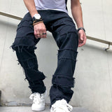 Foesce New Simple Stylish Men Hip Hop Ripped Patch Straight Loose Jeans Pants Streetwear Male Casual Denim Trousers