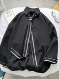 Foesce Tie Shirt Men's Long-sleeved Hong Kong Style Simple Solid Color Shirt Student Loose Elegant Top Youth Stripe Decoration Blouse