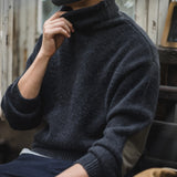 Maden Men's Vintage Warm Soft Mohair Turtleneck Sweater Green Grey Long Sleeve Sweater With Elbow Patch