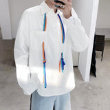 Spring Korean Fashion White Shirt Men Long Sleeve Woven Belt Casual Solid Color Shirt for Men Design Drape Loose White Shirt