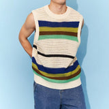 Spring New Hollow Stripe Knitwear Sweater Vest Contrast Color O Neck Casual Tank Tops Korean Fashion Male Sleeveless Tees