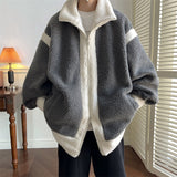 Lamb Wool Polar Fleece Contrast Color Jacket Men's Winter Loose Coat Turn Down Collar Male Zippers Outerwear