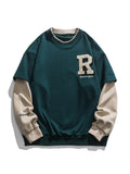 Foesce Vintage Flocked Letter Fake Two Patchwork Hoodie Pullover Harajuku Sweatshirts Men Hip Hop Streetwear Loose Casual Tops