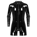 Black Wet Look Mock Neck Latex Bodysuit for Mens Lingerie Zipper Crotch Bodysuit Patent Leather Romper Clubwear Rave Outfit