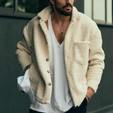 Foesce Winter Leisure Wool Jackets Mens Fashion Buttoned Lapel Long Sleeve Fleece Coats For Men Fall Casual Solid Color Outerwear