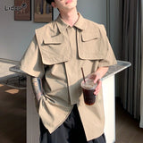 Foesce New Spring Autumn Men's Clothing Short Sleeve Pockets Man Solid Loose Temperament Handsome Turn-down Collar Zipper Korean Shirts