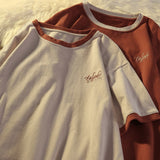 Japanese Vintage Shirt Fake Two-piece Short-sleeved T-shirt Women's Summer Loose Korean Trend Harajuku Bf Letter Embroidery Top