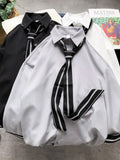 Foesce Tie Shirt Men's Long-sleeved Hong Kong Style Simple Solid Color Shirt Student Loose Elegant Top Youth Stripe Decoration Blouse