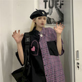 Vintage tooling shirt female summer new style plaid stitching heart kawaii lapel design sense niche chic short-sleeved loose top