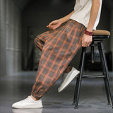 Chinese Style Ice Cotton Casual Pants Men Summer Breathable Thin Section Harem Pants Comfortable Loose Plaid Pants