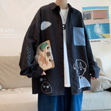 Foesce Harajuku Cartoon Boy Printed Men's Shirts Streetwear Turn-down Collar Blouses Plaid Long Sleeve Korean Tops Cardigan