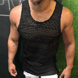 Tank Top for Men Lace Hollow Out Sleeveless Shirts Summer Mens Clothing Slim Fit Gym Clothes Workout Solid Color Vest Tops