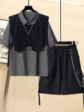 Gothic Men Suits Cargo Vest + Shirt + Shirts 3 Pieces Set Summer Clothes Punk Preppy Streetwear Casual Outfit Men Fashion Trend