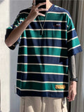 Foesce Short-sleeved T-shirt Men's Vintage Lapel Striped Shirt Hong Kong Style Loose Top Summer Hip Hop Urban Style Shirt