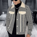 Houndstooth Version Lapel Lattice Splicing Jacket Mens  Motorcycle Jacket Korean Slim British Trend Casual Jacket