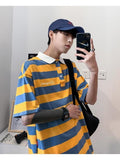 Foesce Short-sleeved T-shirt Men's Vintage Lapel Striped Shirt Hong Kong Style Loose Top Summer Hip Hop Urban Style Shirt