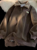 Foesce Sweatshirt Men Autumn Winter Velvet Thickening Pullover Japan Grunge Jacket Unisex Niche Preppy Warm Lapel Top