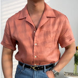 Summer Linen Cuban Collar Short-sleeved Shirt Beach Holiday Breathable Solid Color Shirt Retro Loose Top Ropa Hombre Casual