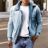Men Plush Jacket Autumn and Winter Fashion Pure Color Warm Straight Jacket Men's Long Sleeve Zipper Turn-down Collar Jacket
