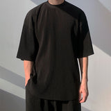Men's Pleated Short Sleeve Loose T-shirts Fashion Trend Round Neck Tshirt Black Color Breathable Fabric T Shirts Clothes