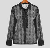 Foesce Sexy Leisure Tops Men's Lace Perspective Printing Blouse Stylish Male Well Fitting Ruffle Long Sleeve Thin Shirts S-5XL