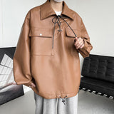 Leather Hoodie Men Oversized Casual Pocket Sweatshirt Men Leather Top Streetwear Hip Hop Loose Pullover Hoodie Mens Hoody