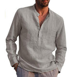 Cotton Linen Hot Sale Men's Long-Sleeved Shirts Summer Solid Color  Stand-Up Collar Casual Beach Style Plus Size